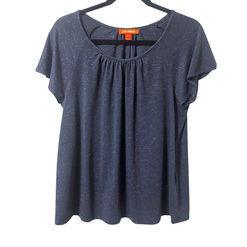 Joe Fresh Flutter Sleeve Navy and Metallic Silver Short Sleeve Top Womens Medium
